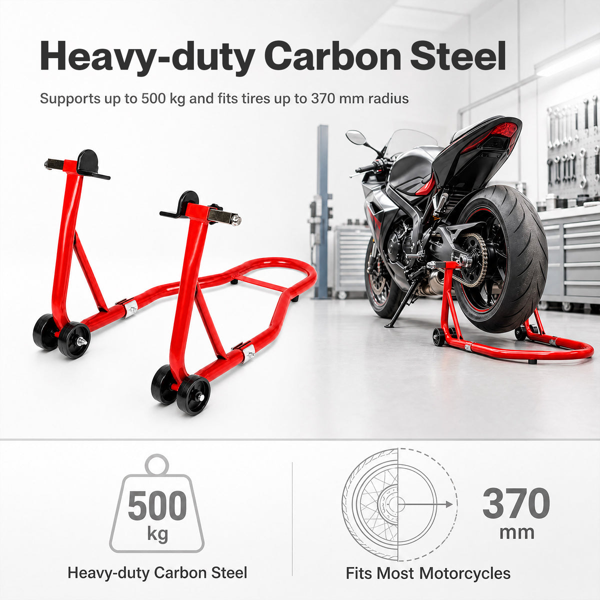 MONVELO Motorcycle Stand Heavy Duty 500KG Carbon Steel Lift Adjustable Fork Red
