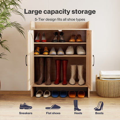 Levede Shoe Cabinet 5-Layer Rattan Wooden Doors Adjustable Entrance Storage