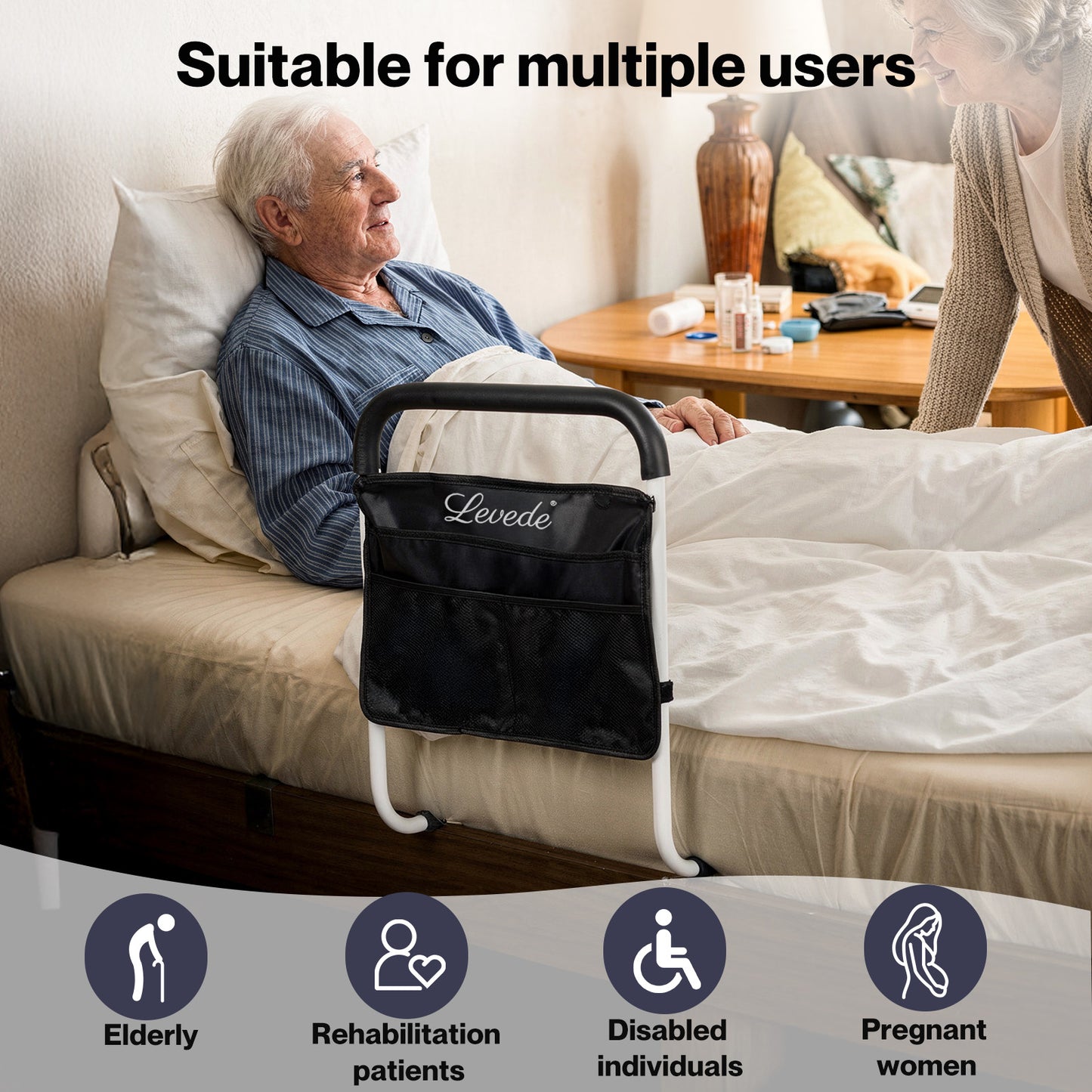 Levede Bed Rails Adjustable Heights Storage Pocket Assist Support Side Railings