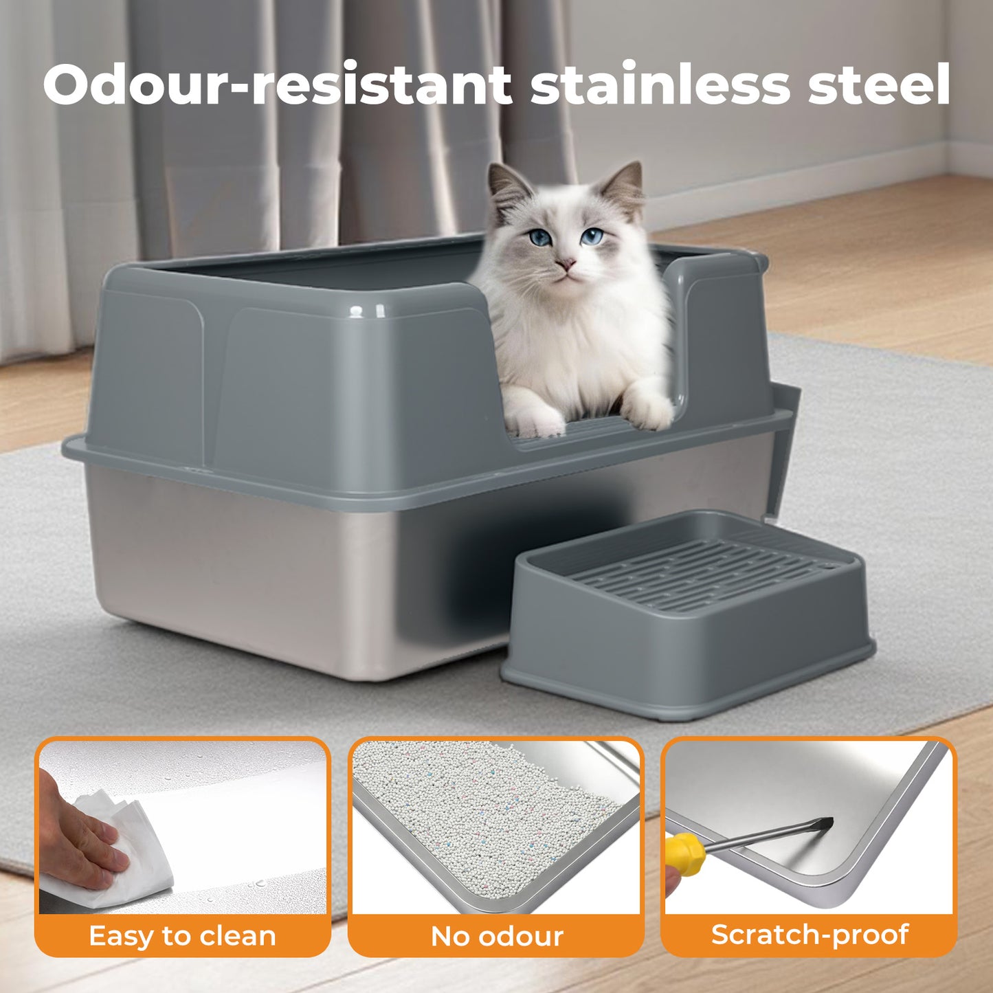 Skylos Stainless Steel Cat Litter Box High Sided Litter Tray with Scoop Pedal