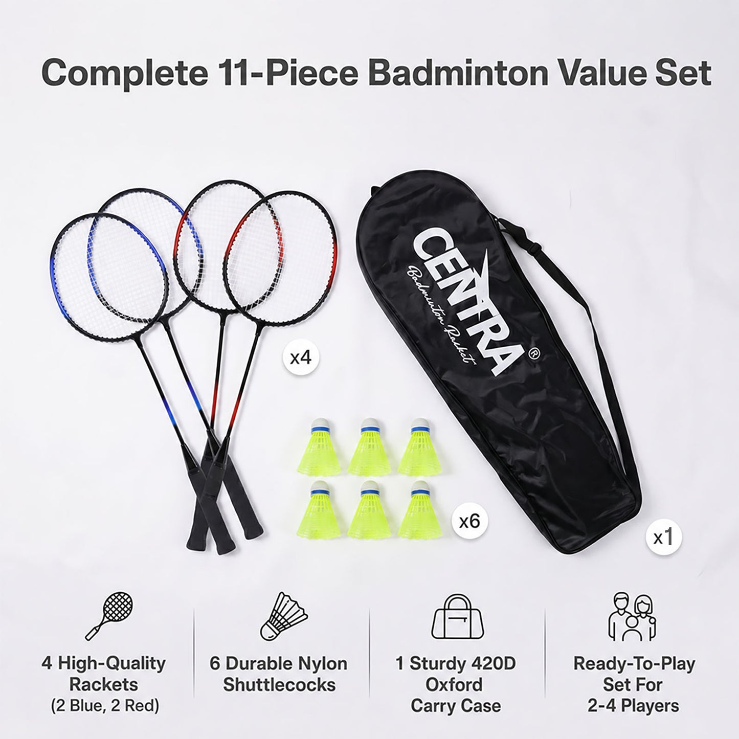 Centra Badminton Racket Set 11PCS 4 Players Aluminum Outdoor Game with Bag