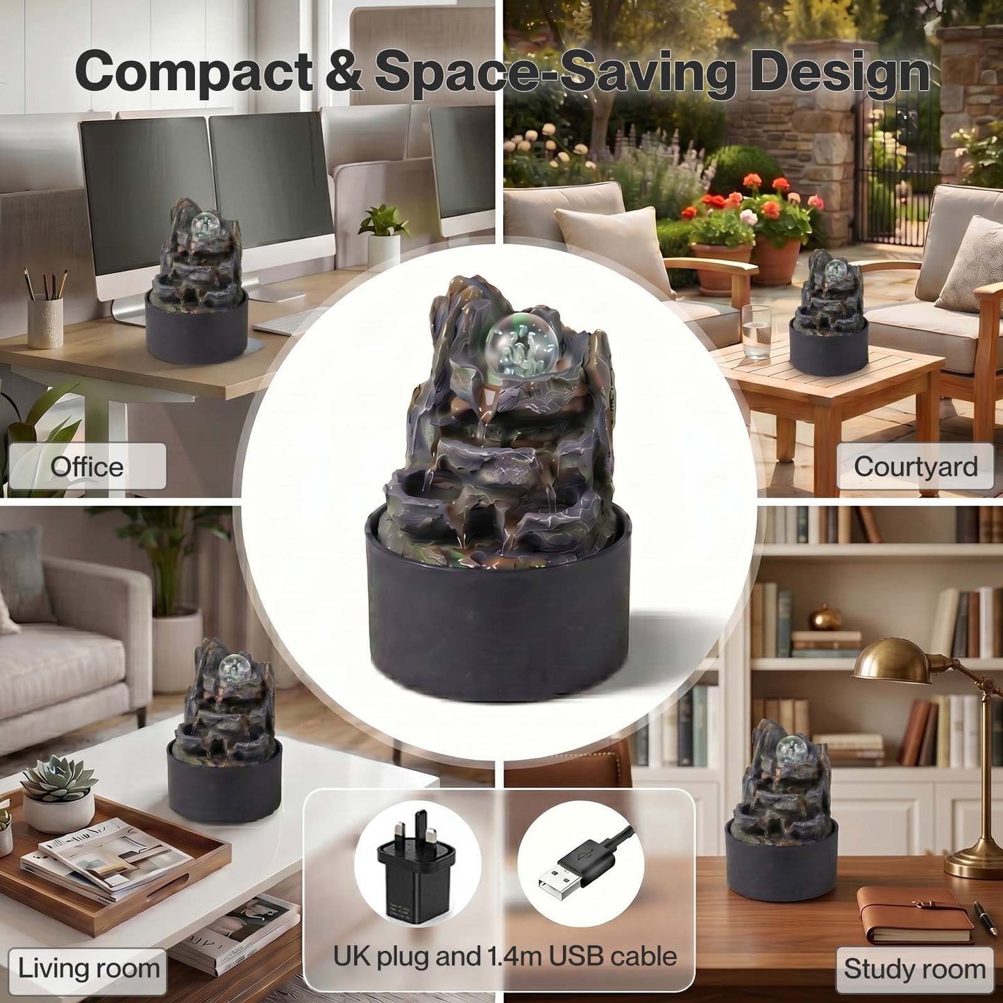 Spector Tabletop Water Fountain With Rotating Glass Ball  Resin Grey Brown