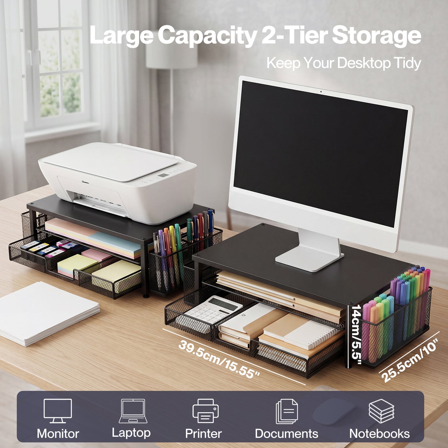 Levede Monitor Riser Desk Organiser with Drawer Metal Monitor Stand Black