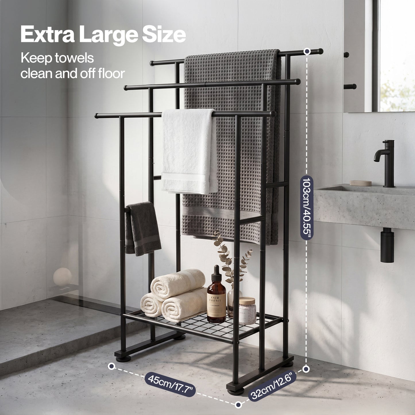 Levede Towel Rail Metal Rack With Basket 3-Tier Storage Anti-Slip Foot Black