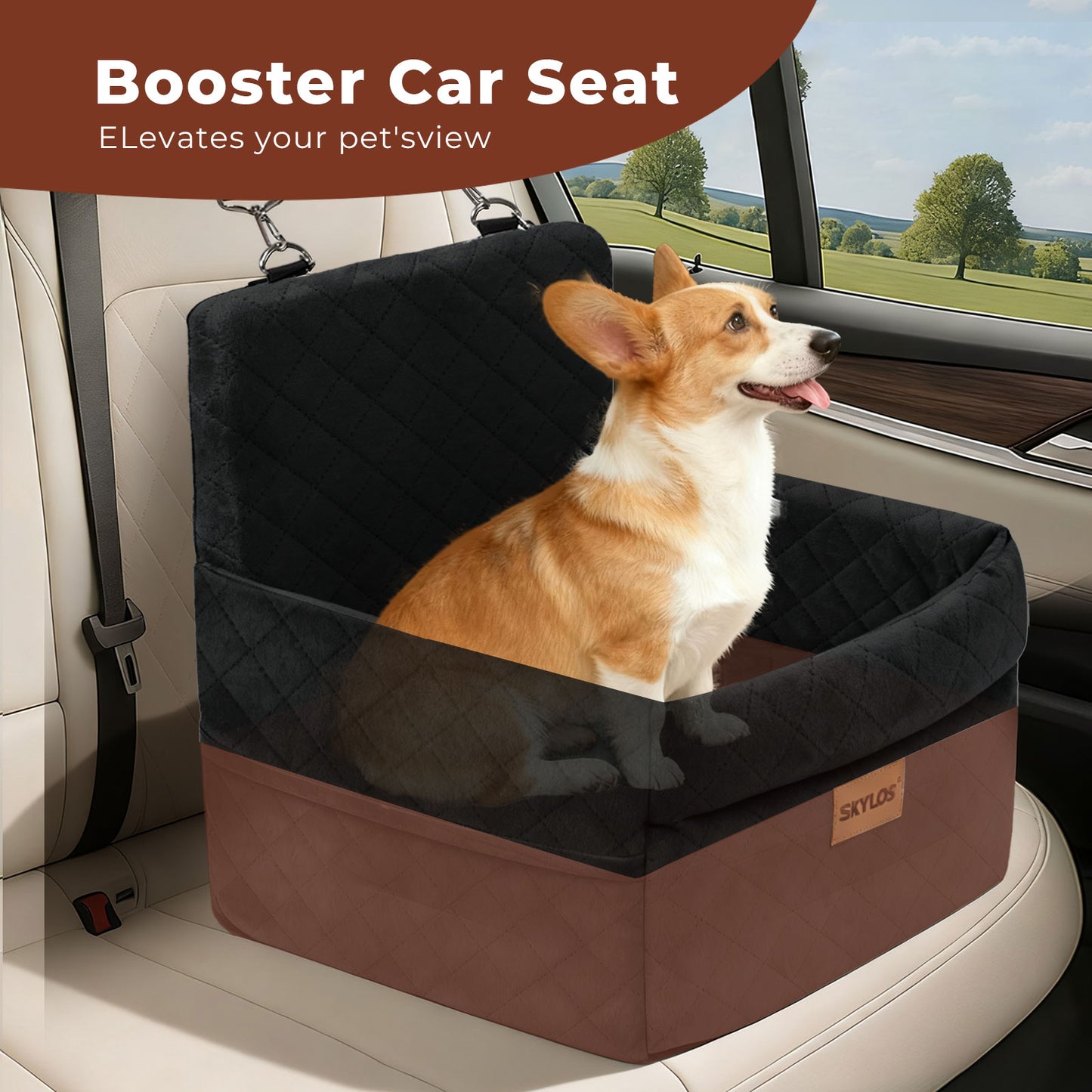 Skylos Dog Booster Car Seat Cosy Cats Pet Travel Bed with Safety Leash Black