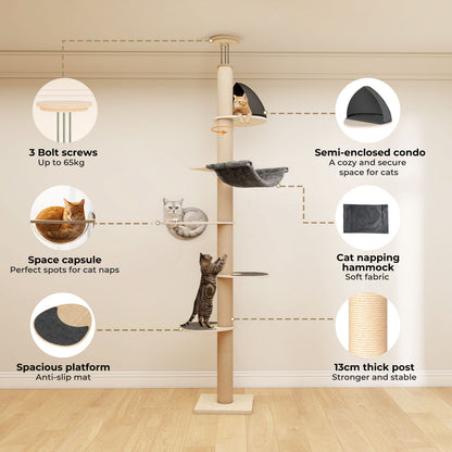 Skylos Floor to Ceiling Cat Tree Adjustable Height 206-300cm 6-Tier Cat Tower