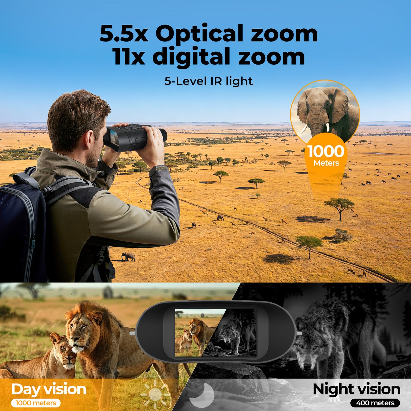 Spector Night Vision Goggles 4K Binoculars 11x Zoom 5200MAH Battery 64GB Card