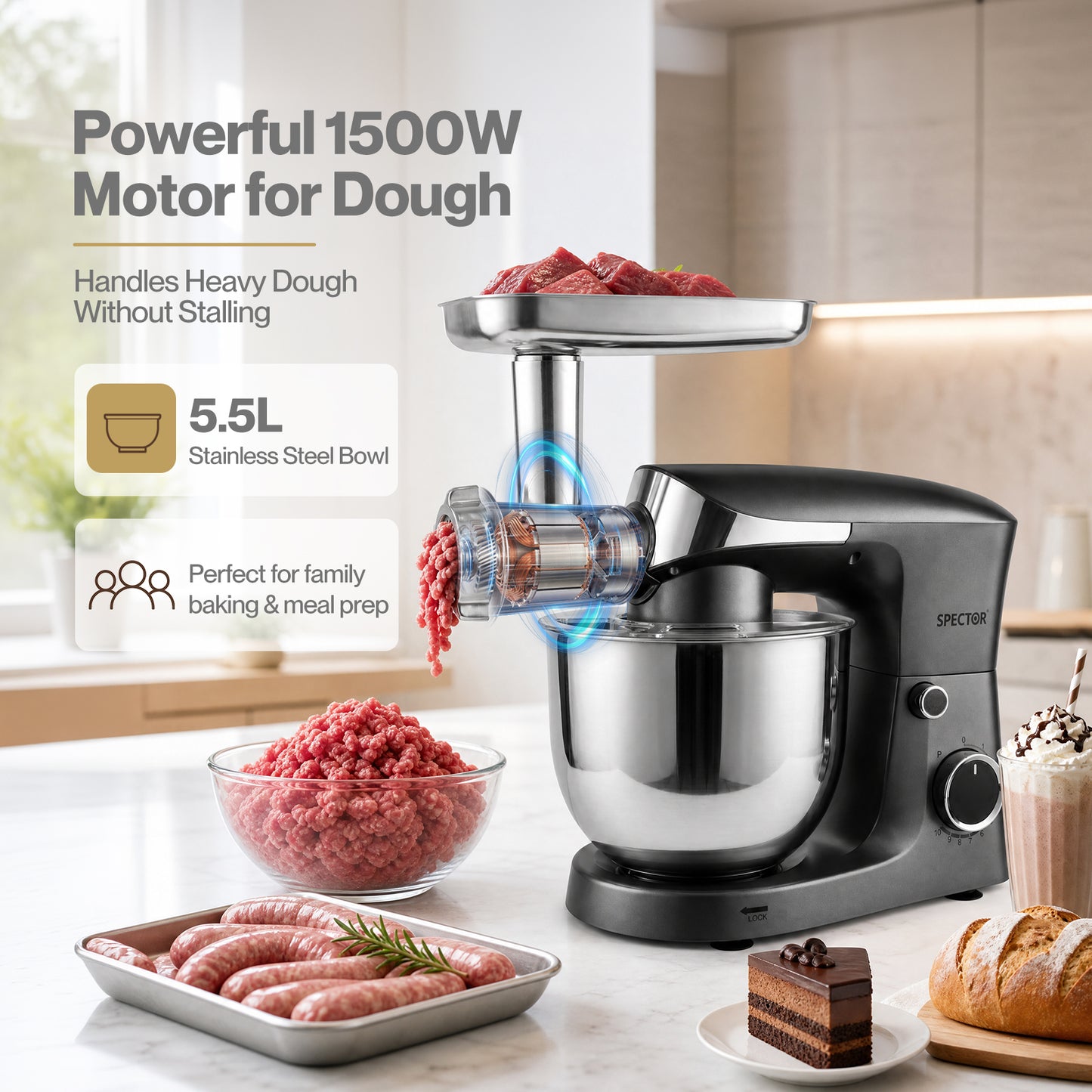 Spector 9 in 1 Stand Mixer 1500W Food Mixer Meat Grinder Kitchen Machine 5.5L