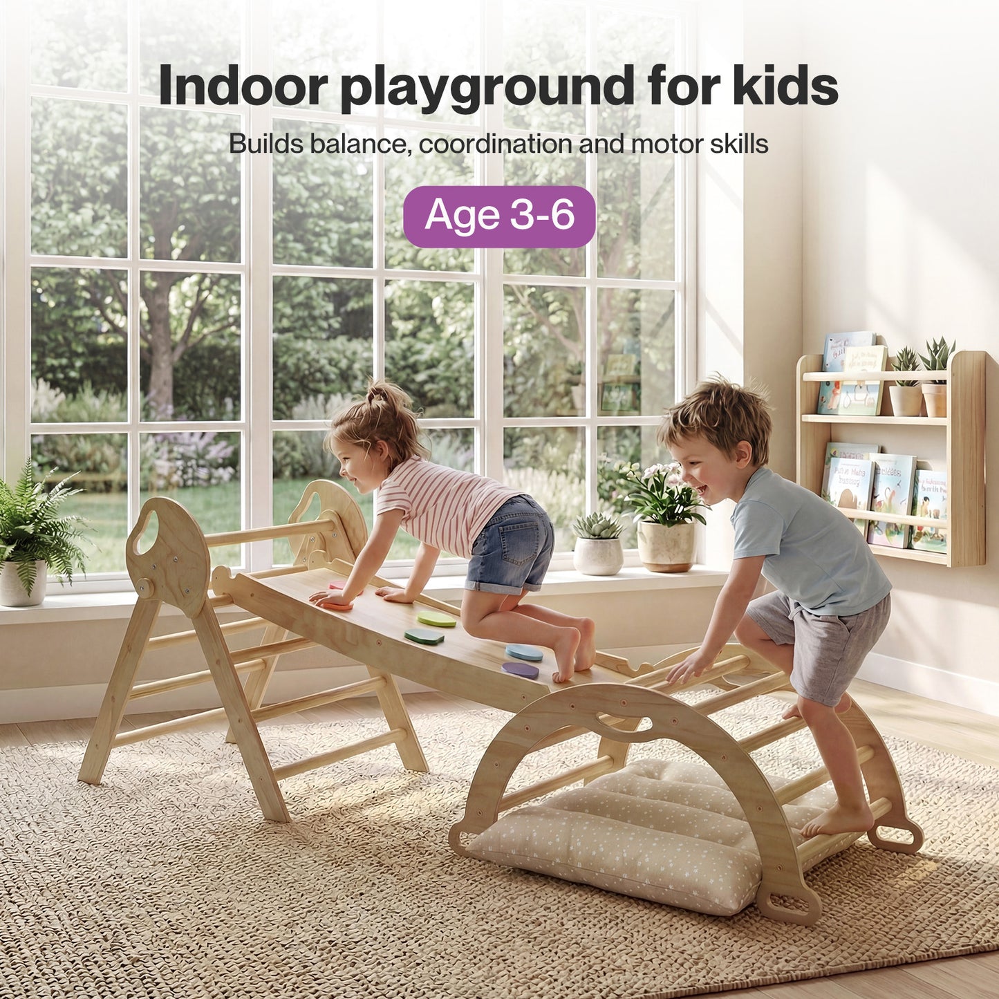 DEKKO 8 in 1 Triangle Climbing Set Kids Wooden Climber with Arch Slide Cushion