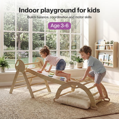 DEKKO 8 in 1 Triangle Climbing Set Kids Wooden Climber with Arch Slide Cushion
