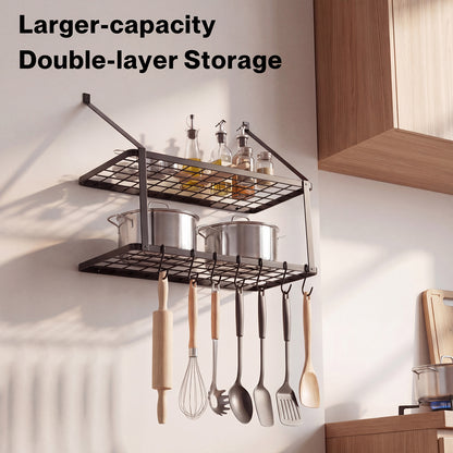 TOQUE Pot Pan Rack Wall Mounted Kitchen Shelf 2 Tier Storage Rack Metal 10 Hooks