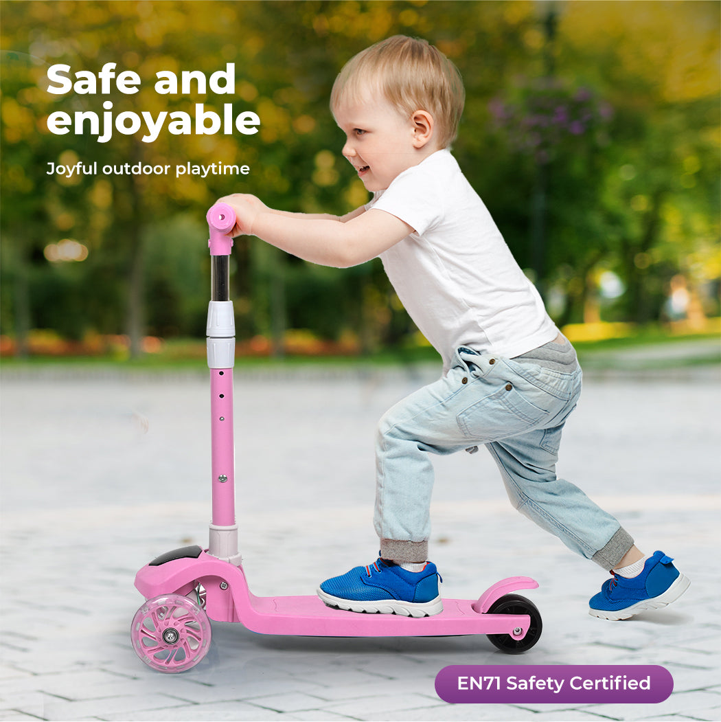 Dekko Foldable Kids Scooter Adjustable Height Flashing LED Music 3 Wheels Pink