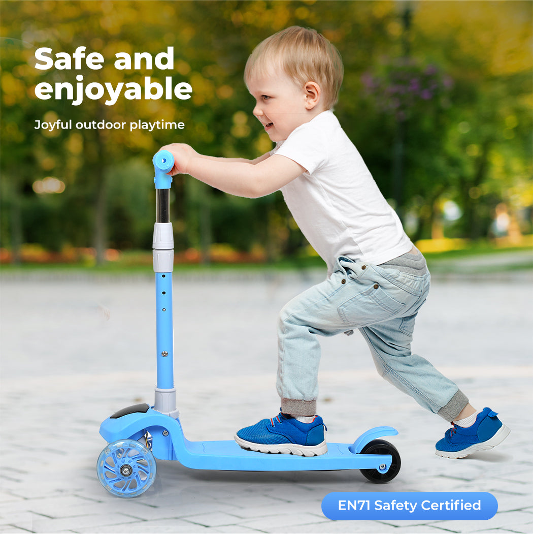 Dekko Foldable Kids Scooter Adjustable Height Flashing LED Music 3 Wheels Blue
