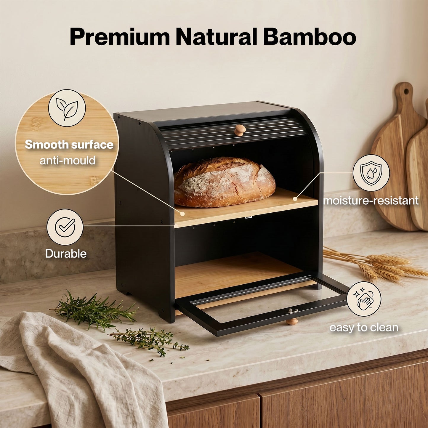Bread Box  2-Tier Large Capacity Roll Top  Black Bamboo  Acrylic Door