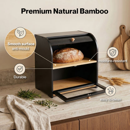 Bread Box  2-Tier Large Capacity Roll Top  Black Bamboo  Acrylic Door