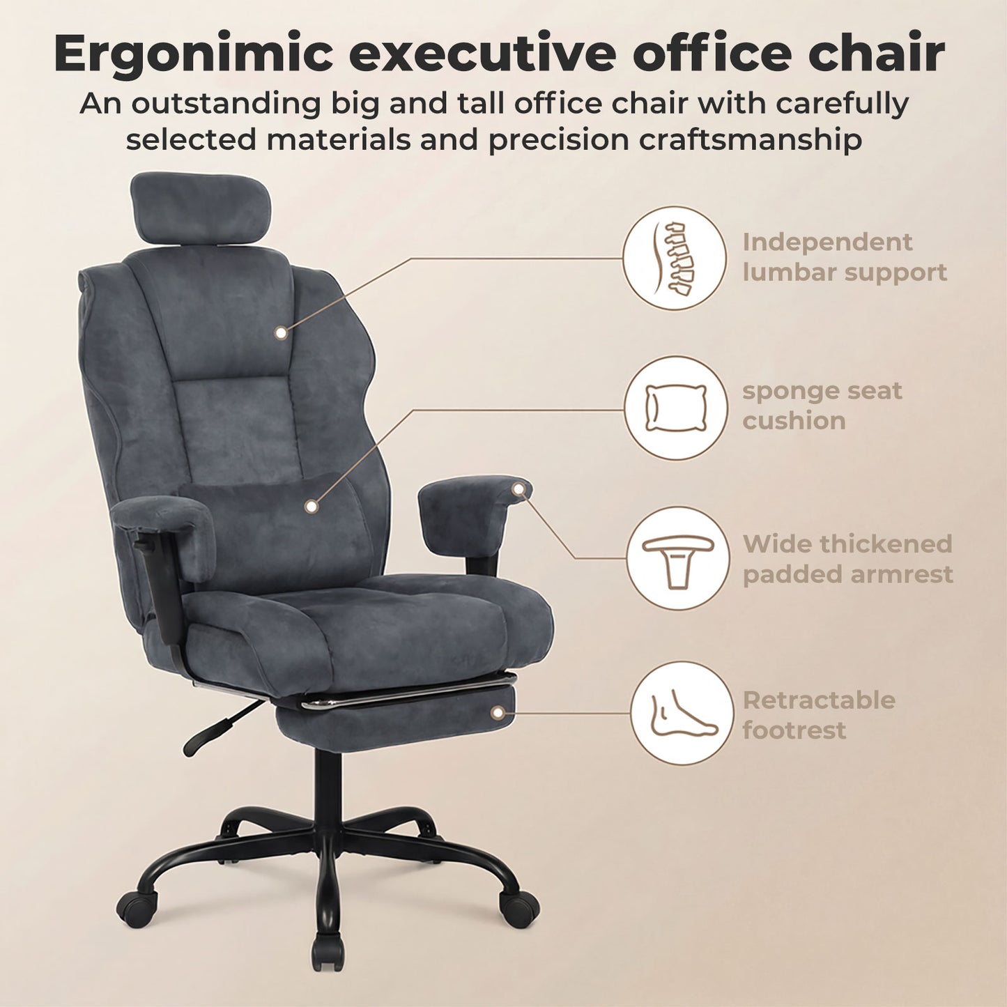Executive Ergonomic Office Chair Suede Fabric Wide Seat 155° Recline Footrest