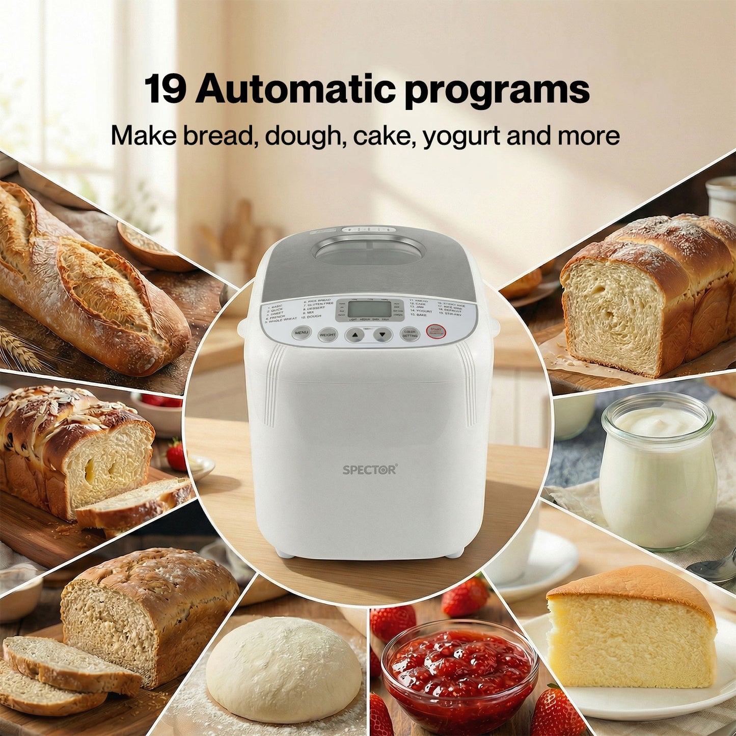 Spector Automatic Bread Maker Machine 2LB 19 in 1 600W Non Stick Stainless Steel
