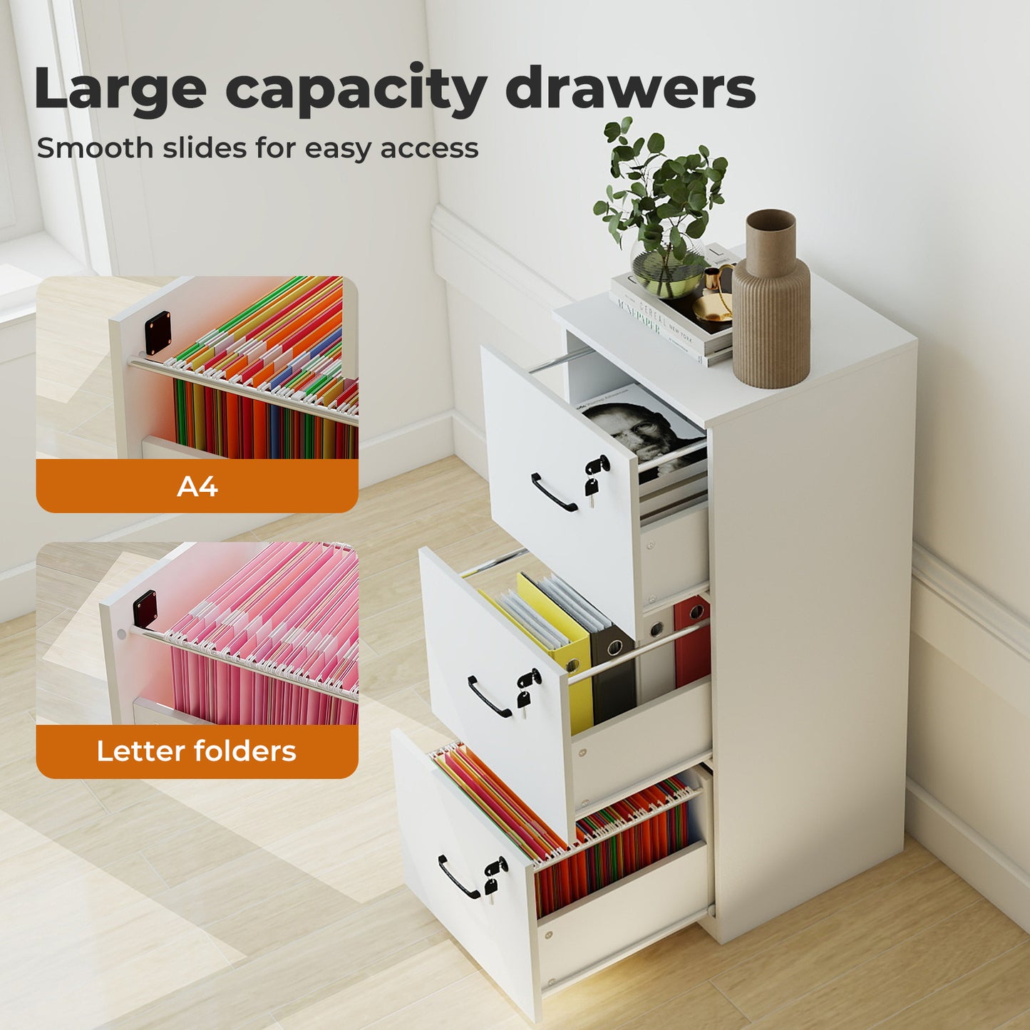 Levede 3 Drawer Filing Cabinet Lockable Home Office Tall File Storage Cabinet