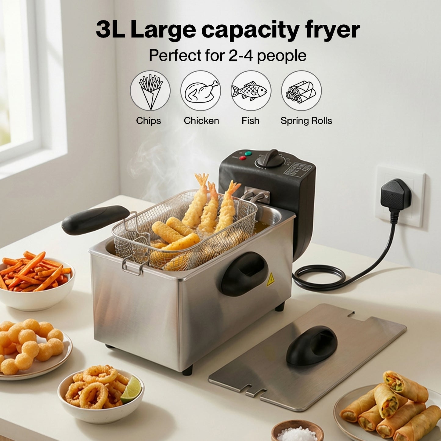 Spector Deep Fat Fryer 3L Chip Pan Basket Stainless Steel Adjustable Temp 2000W