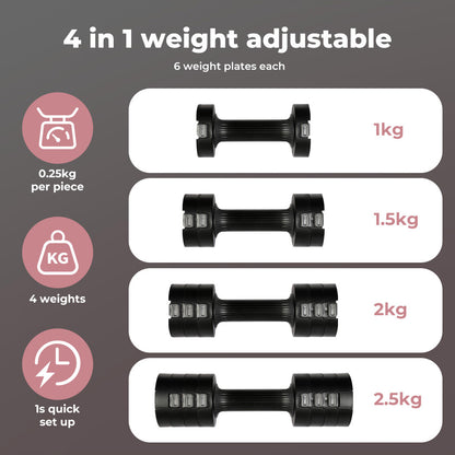 Centra A Pair Of 1KG To 2.5KG Adjustable Dumbbells With Metal Weight Black