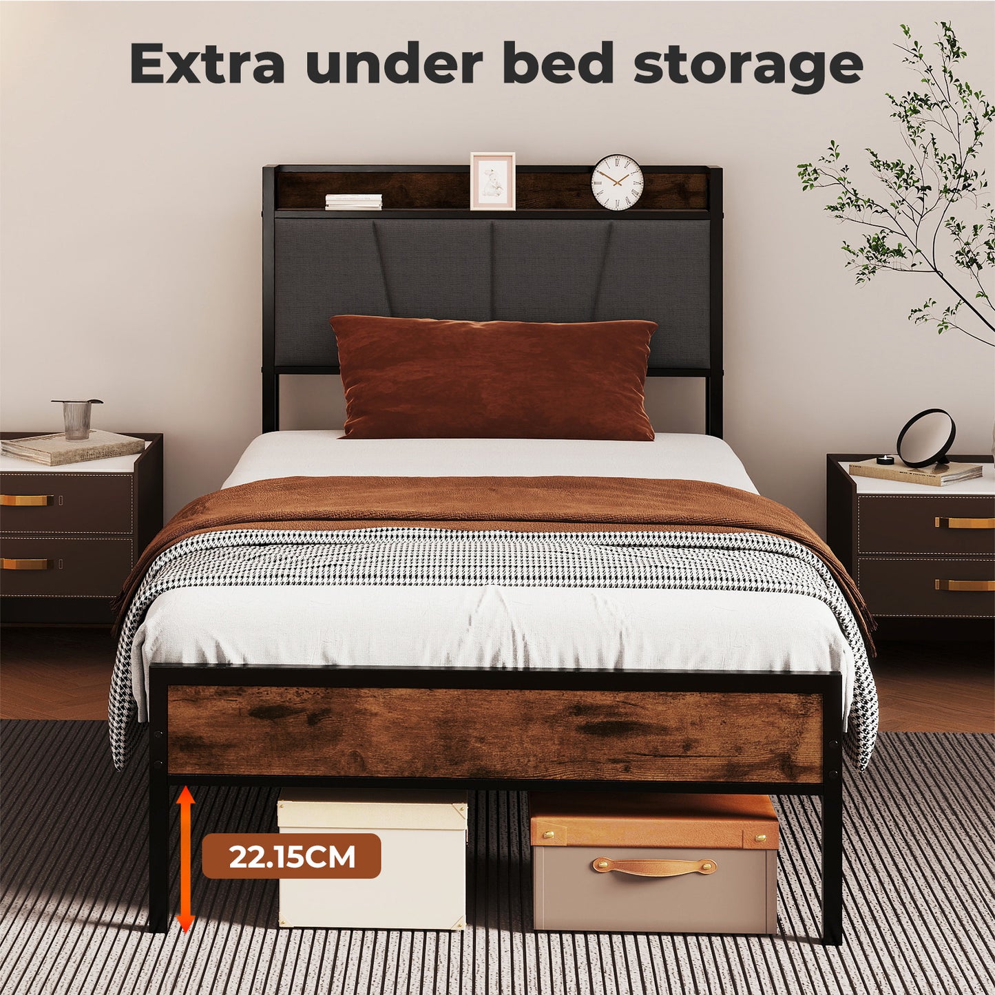 Levede Heavy Duty Single Bed Frame Metal Platform with Storage Headboard 3FT