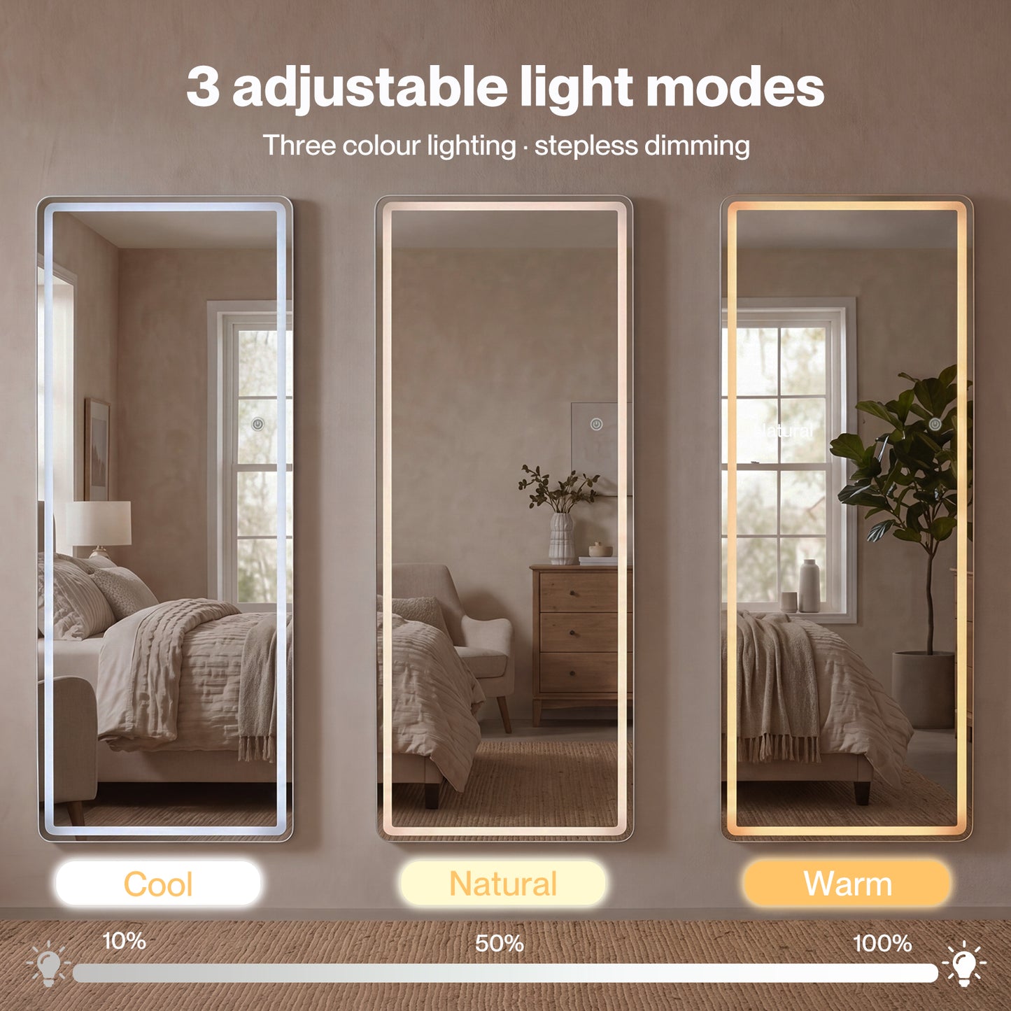 Yezi Full Length Mirror 3 Color LED Touch Dressing Mirror 165x60cm with Dimming