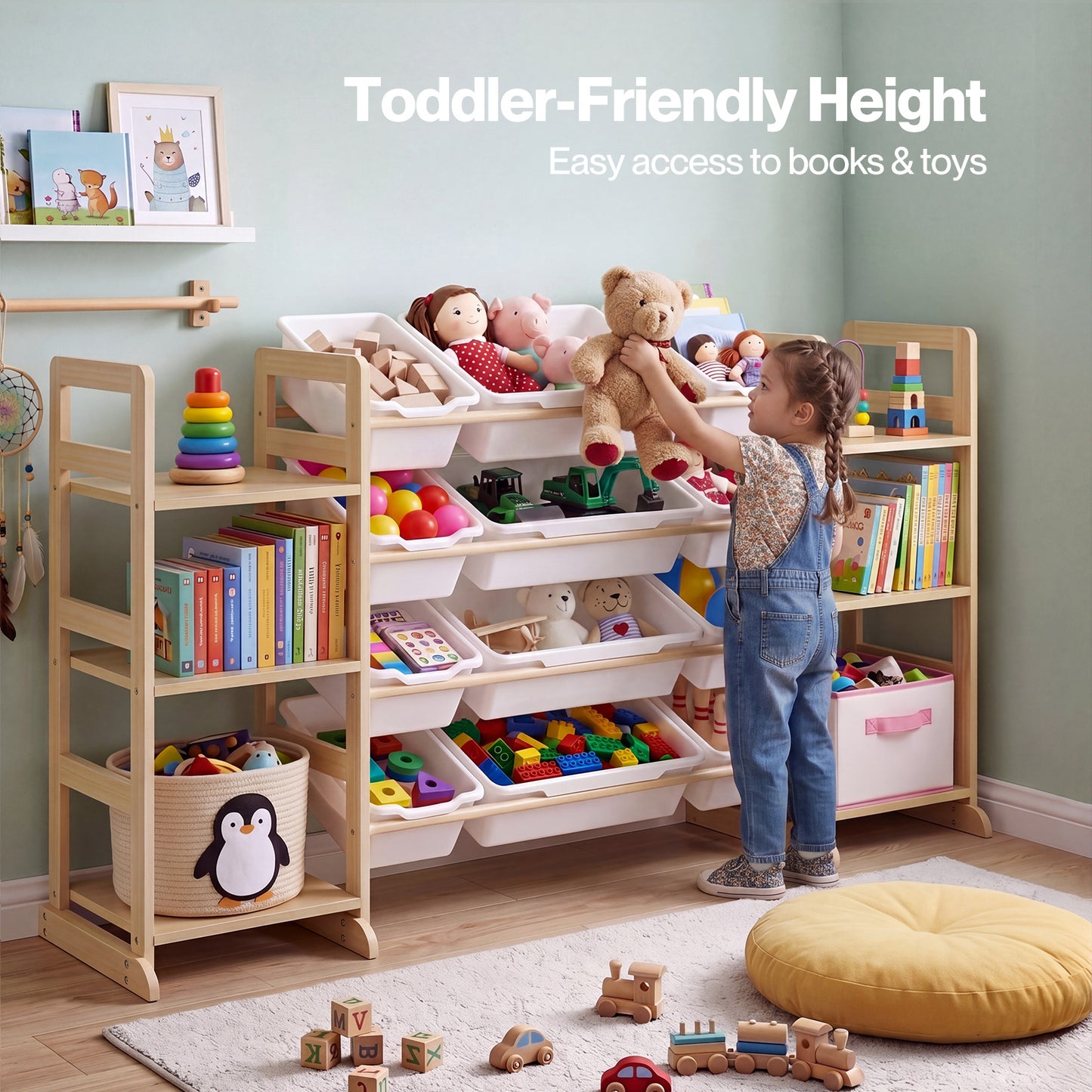 Levede Kids Toy Storage Organiser Wooden Book Shelf 12 Removable Storage Bins