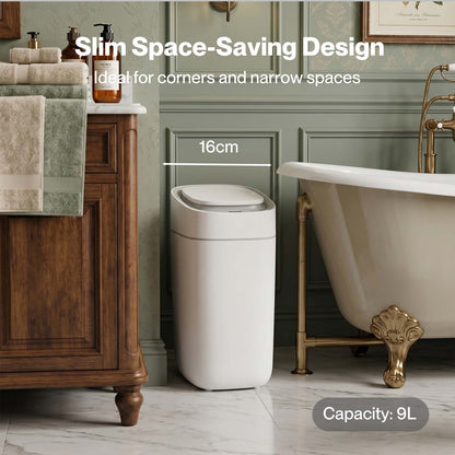Toque Smart Trash Bin Slim Sensor Bathroom Bin With Lid Silent Open Close White