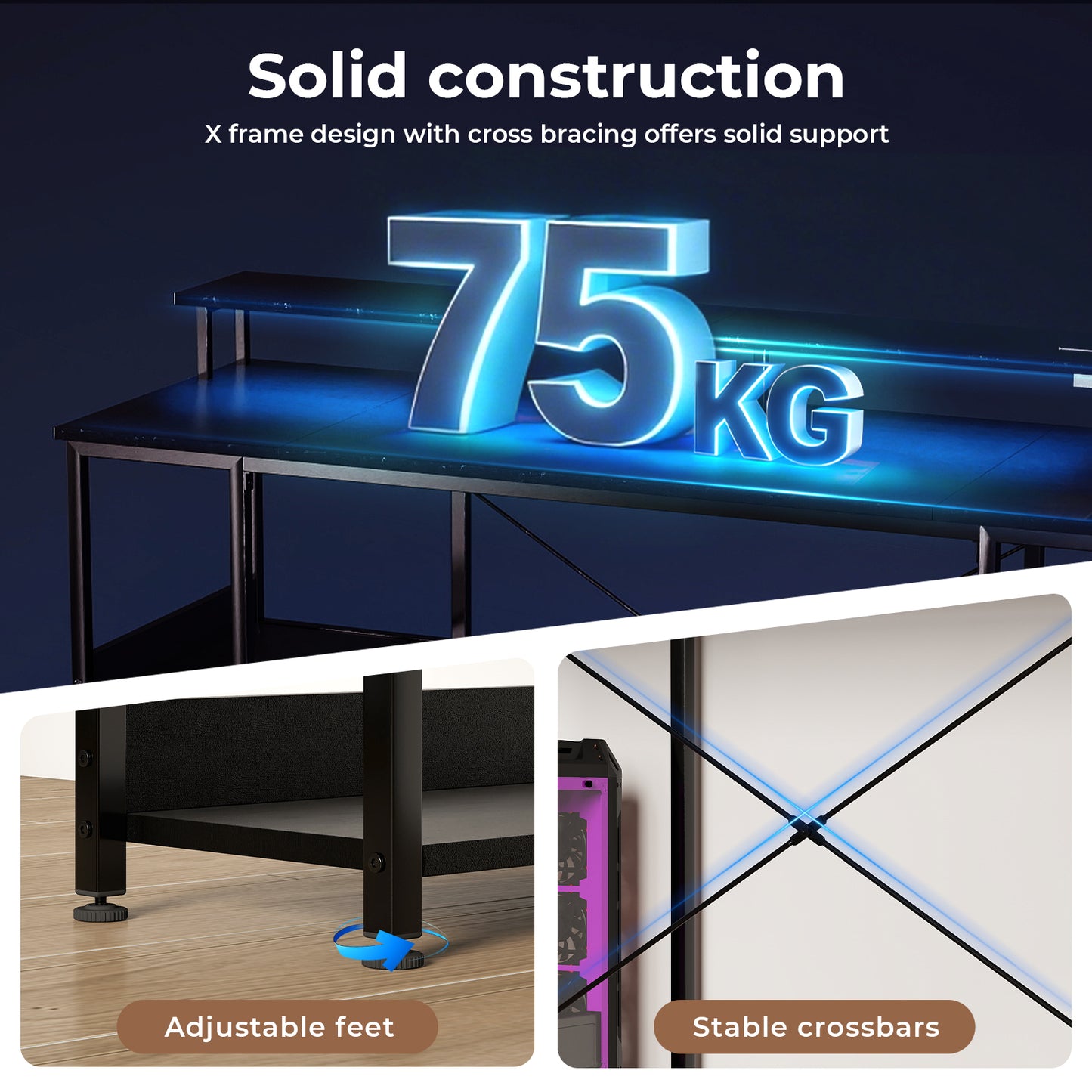 Levede Gaming Computer Desk Office Table with Lights Shelves Power Port 140cm
