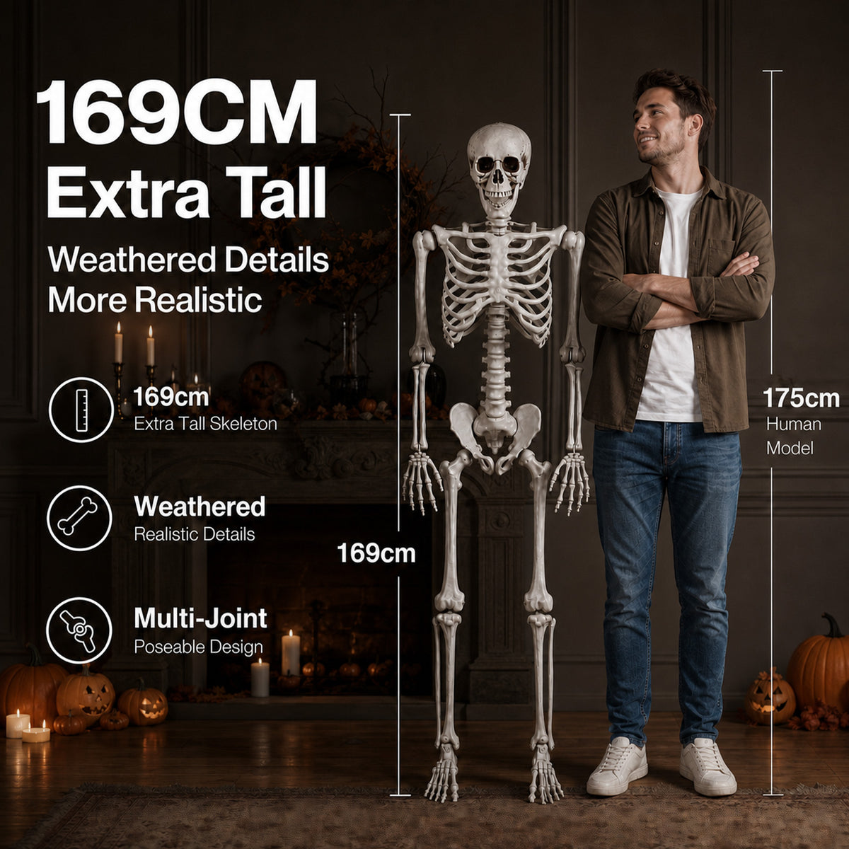 Yezi Halloween Skeleton Life Size 169cm Posable Jointed ABS Spooky Patio White