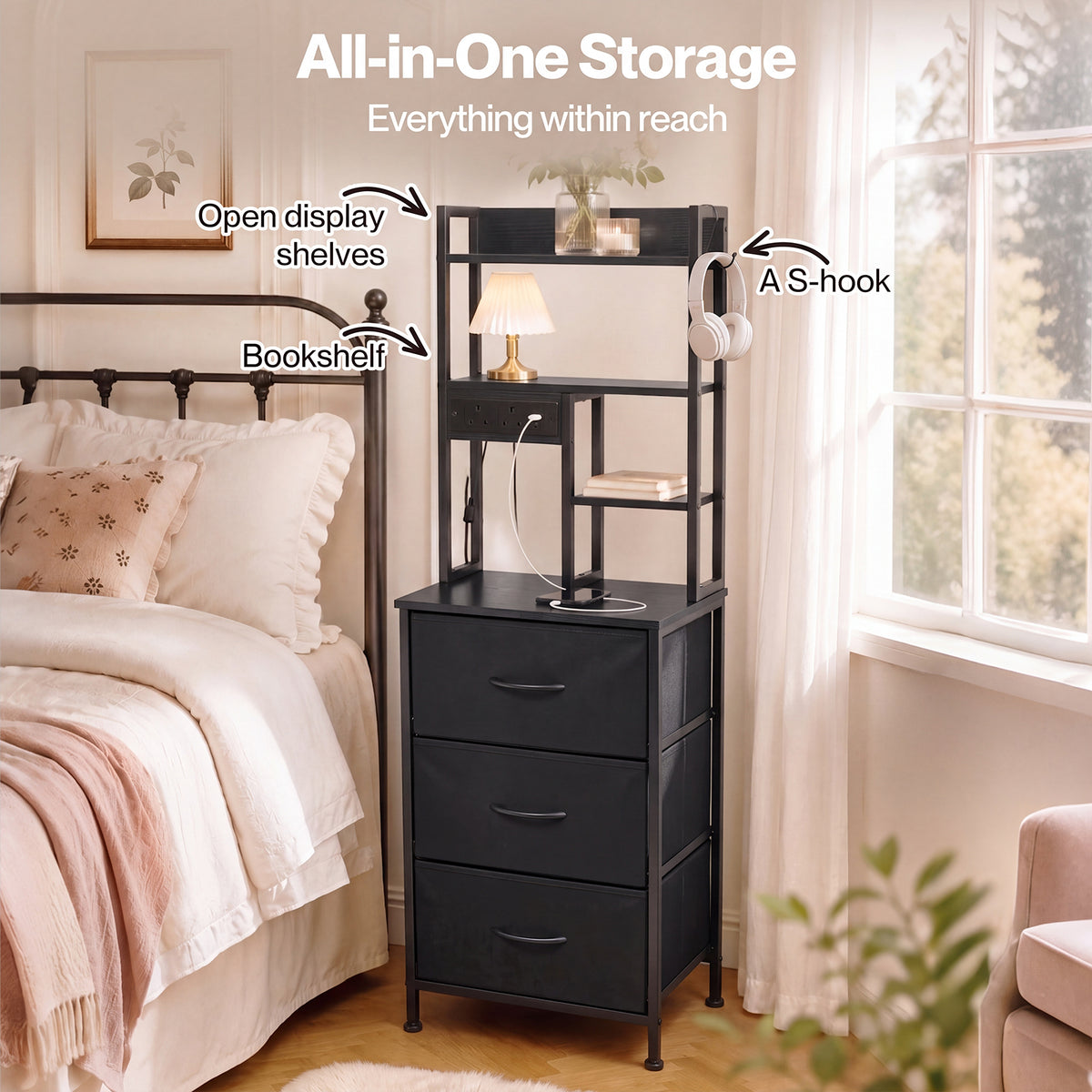 Levede Bedside Table with Charging Station 3 Drawer RGB Light Night Stand Black