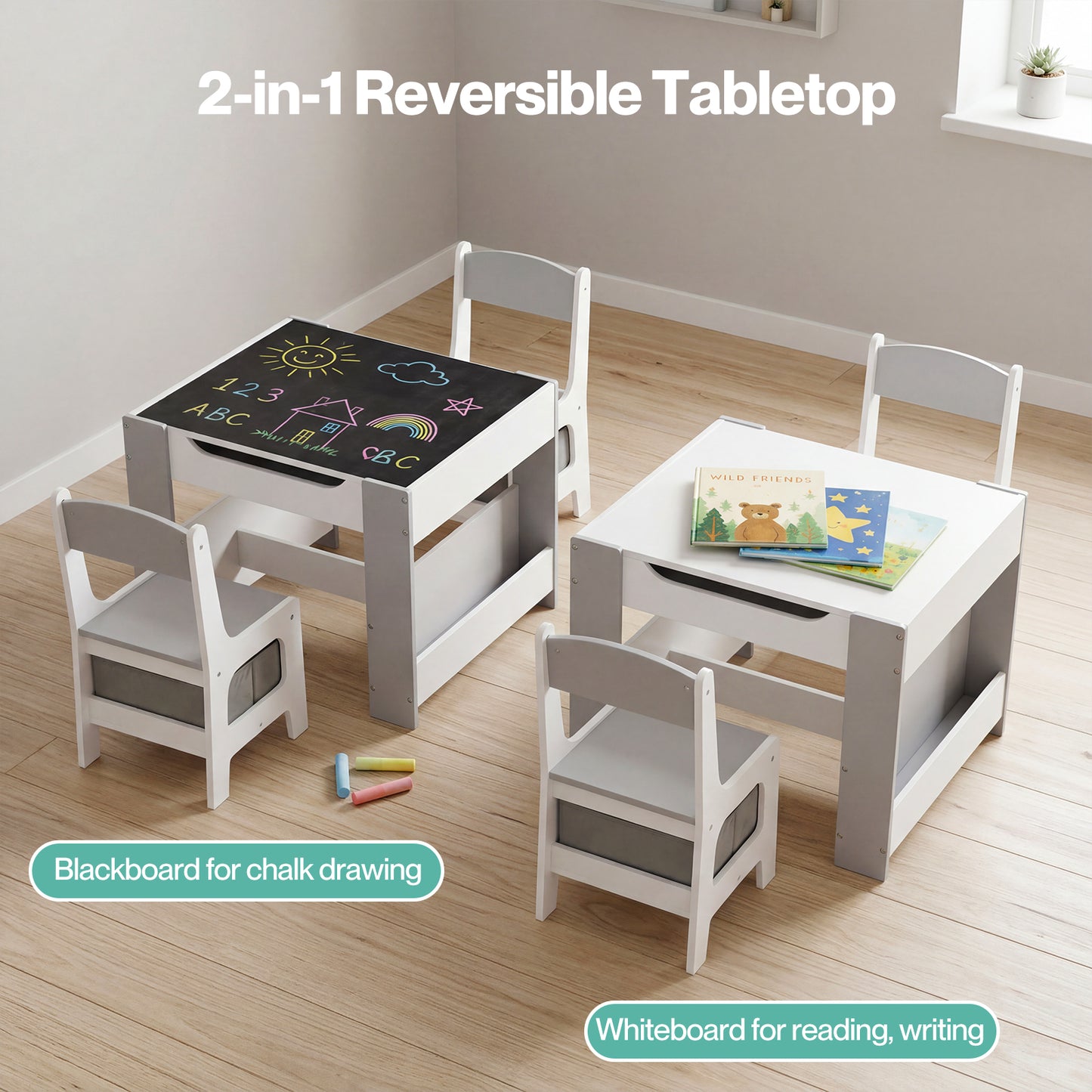 Dekko Kids Table and Chairs Set 2-in-1 Flip Top Storage Activity Play Study Grey