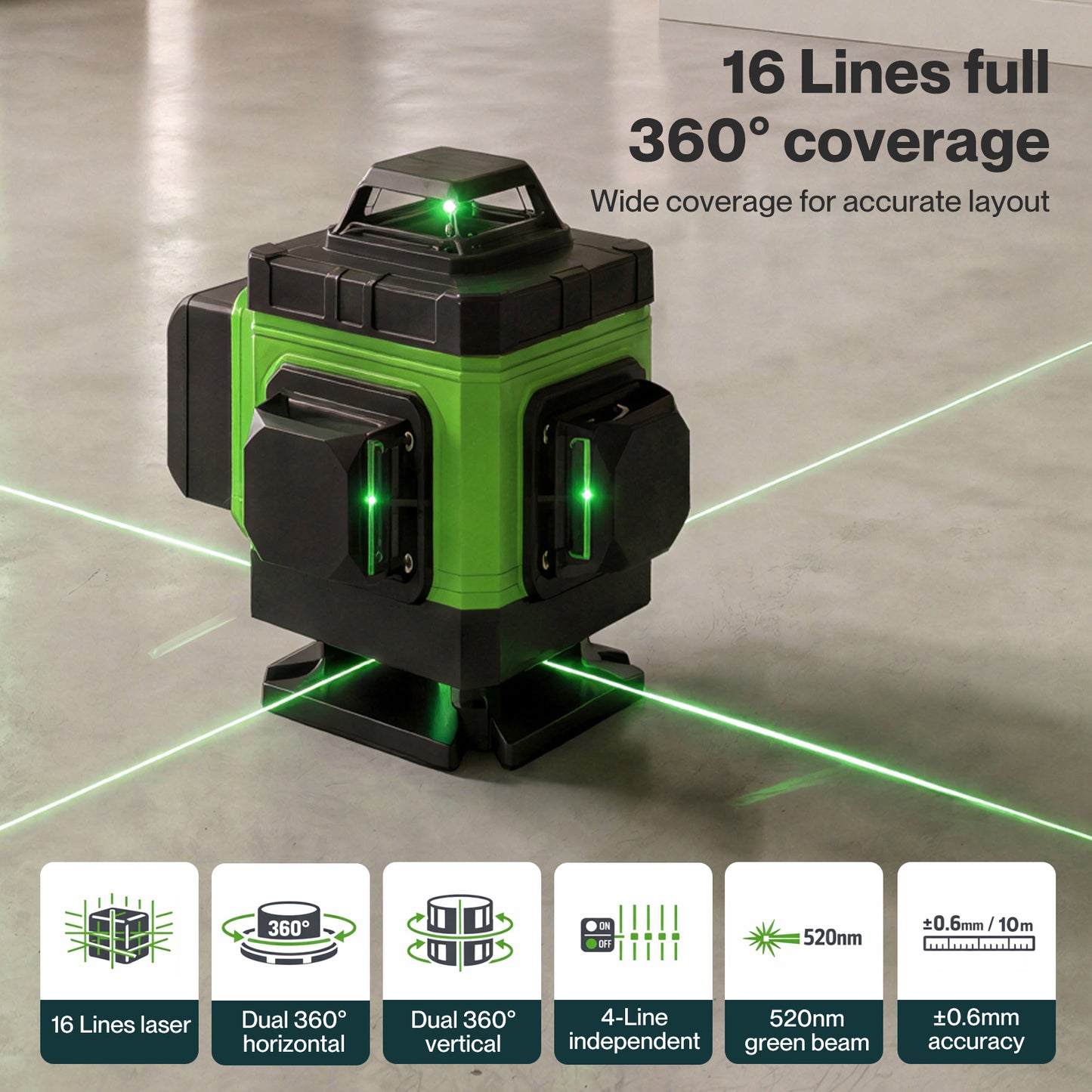 Traderight 16 Line Laser Level 4D Green Cross Line Self Leveling Rotary Measure