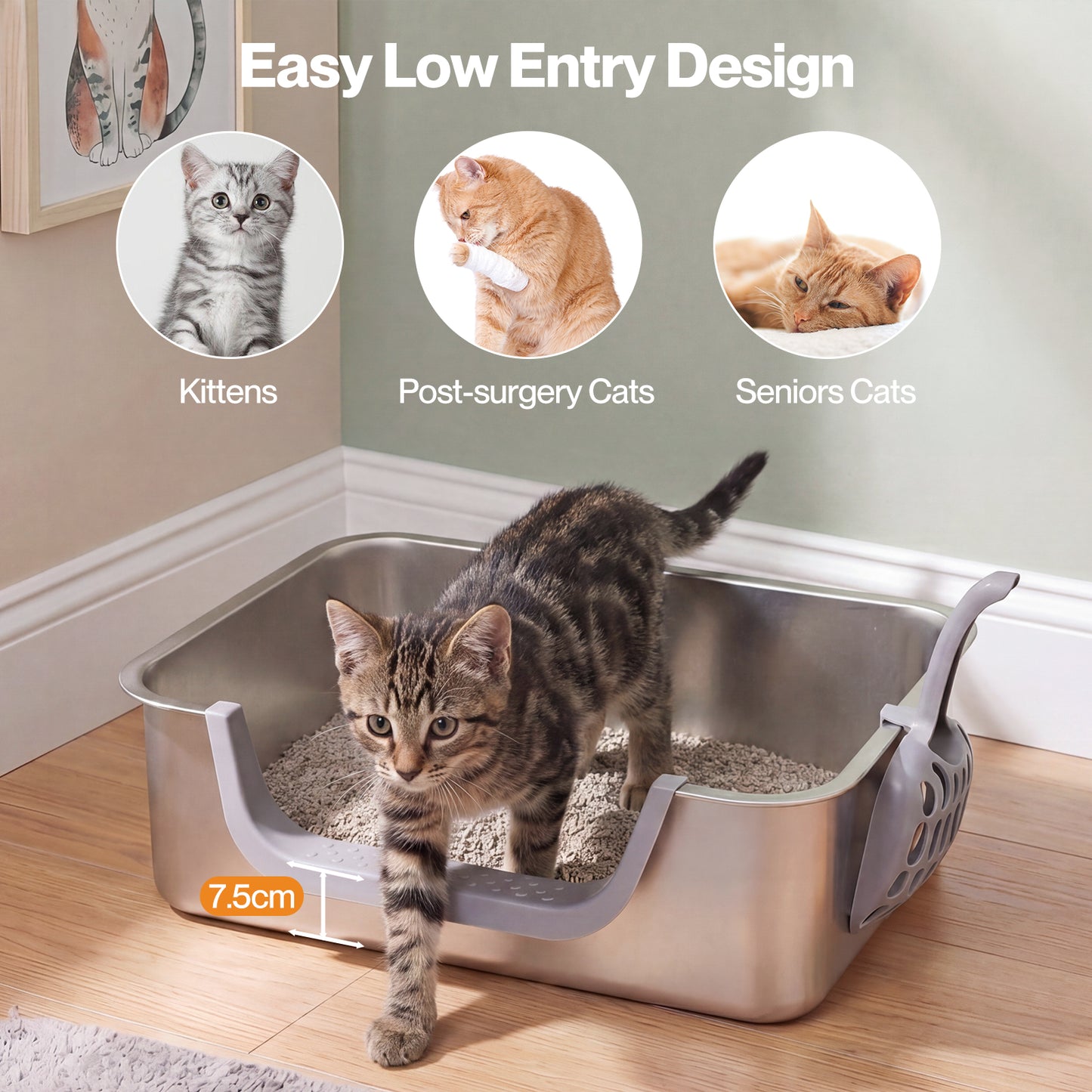 Skylos Cat Litter Tray Stainless Steel 7.5cm Low Entry High Sides 201 Steel