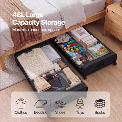 Levede Under Bed Storage Boxes with Lids  46L x2  Rolling  Black  Oxford