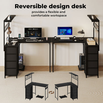 Levede L Shaped Gaming Desk with Led Light Storage Drawers Coner Computer Table