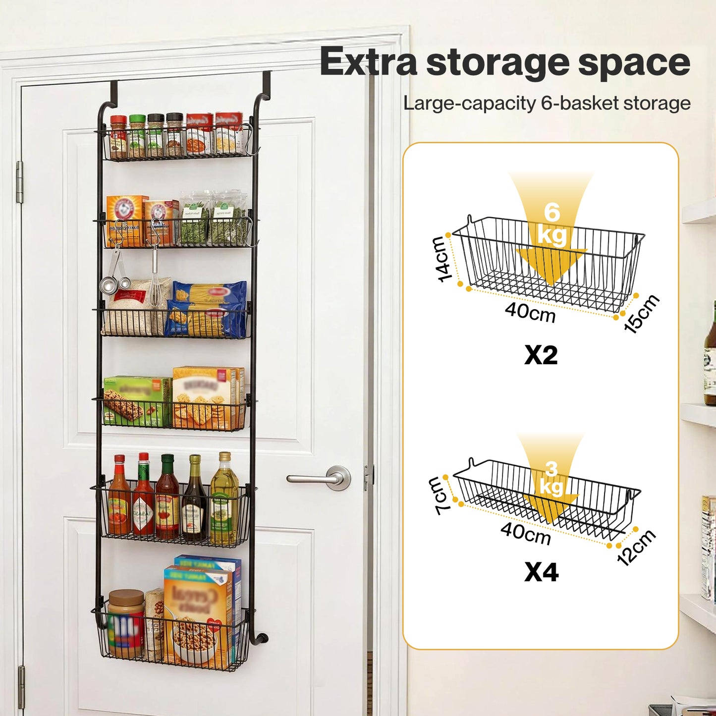 TOQUE Over Door Pantry Organiser 6 Tier Kitchen Hanging Storage Rack Black Metal
