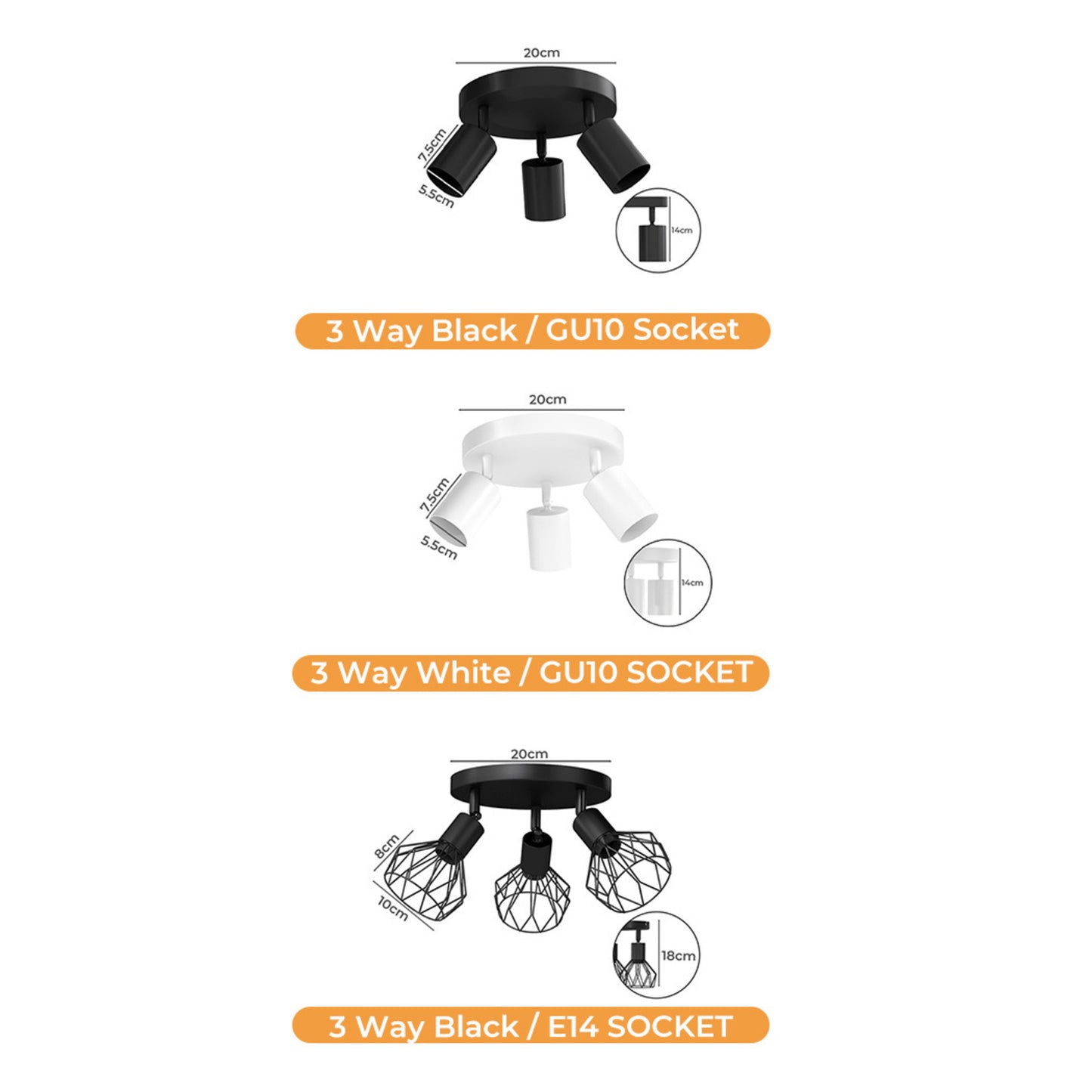 EMITTO 3-4 Way Ceiling Spotlight Adjustable Kitchen Bar Spot Light LED GU10 E14