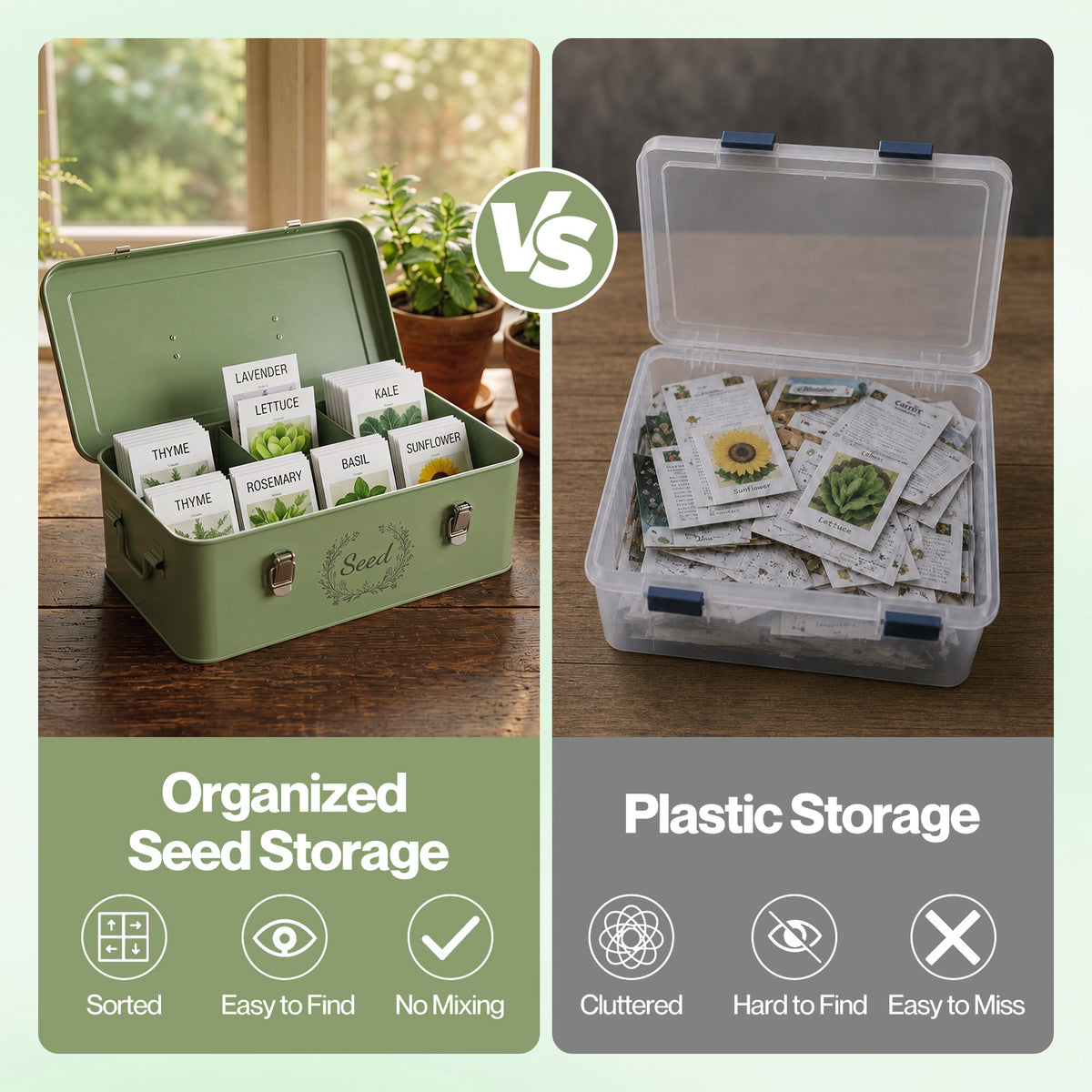 TOQUE Seed Storage Box Organiser Compartment Metal Seed Storage Green