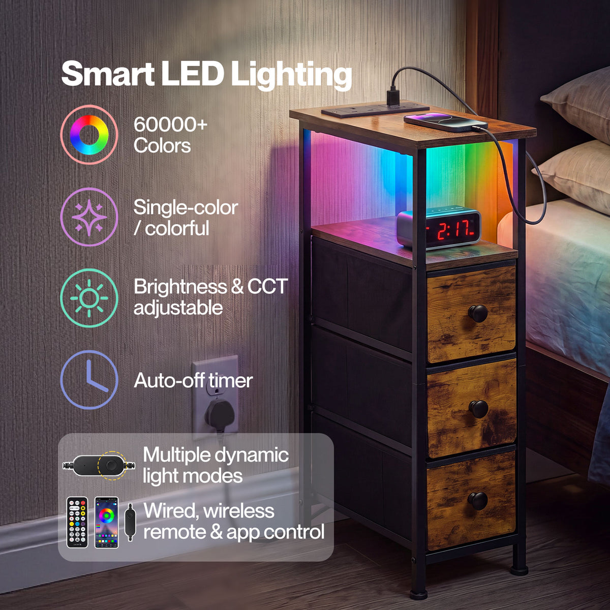 Levede Bedside Table with LED Light Charging 3 Fabric Drawers Storage Brown
