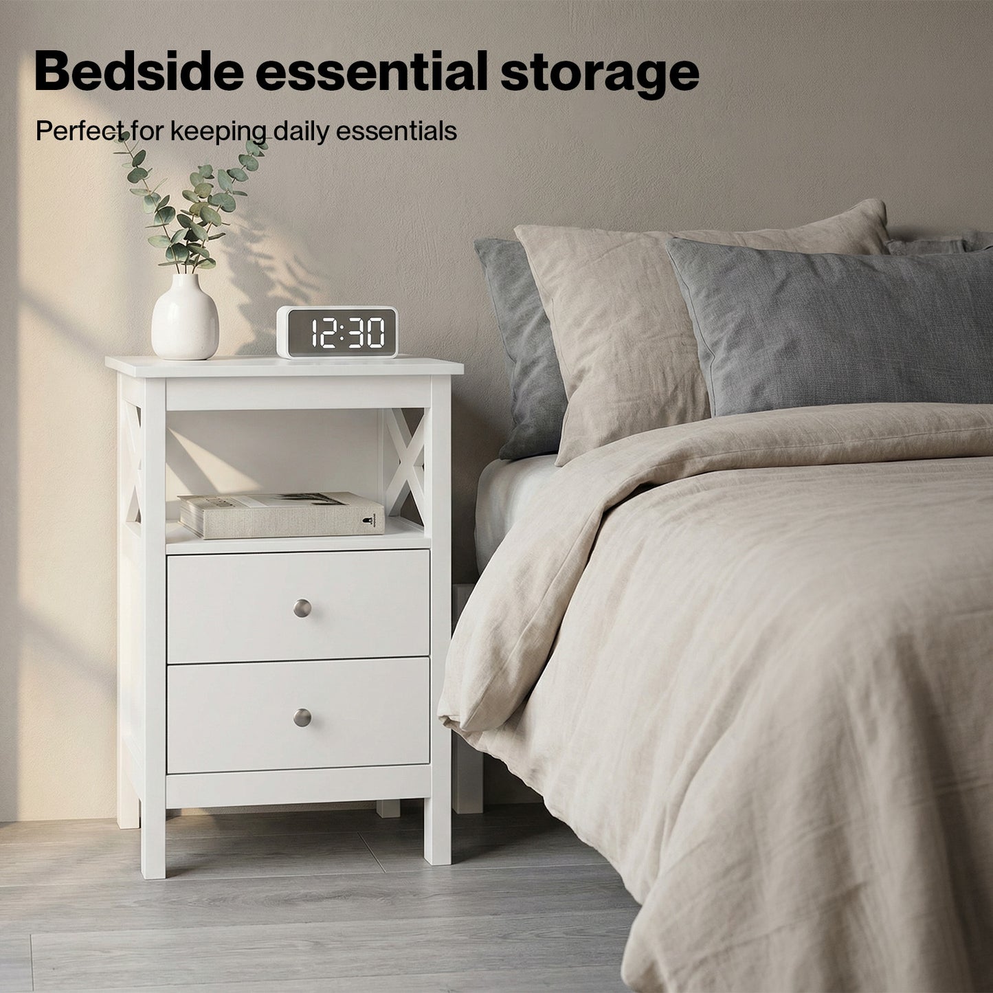 Levede Bedside Table Wood Nightstand Cabinet 2 Storage Drawers Open Shelf White