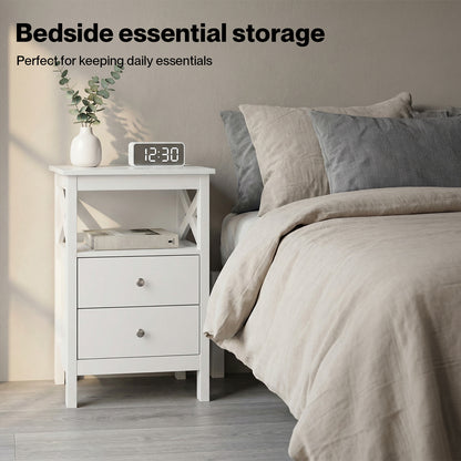 Levede Bedside Table Wood Nightstand Cabinet 2 Storage Drawers Open Shelf White