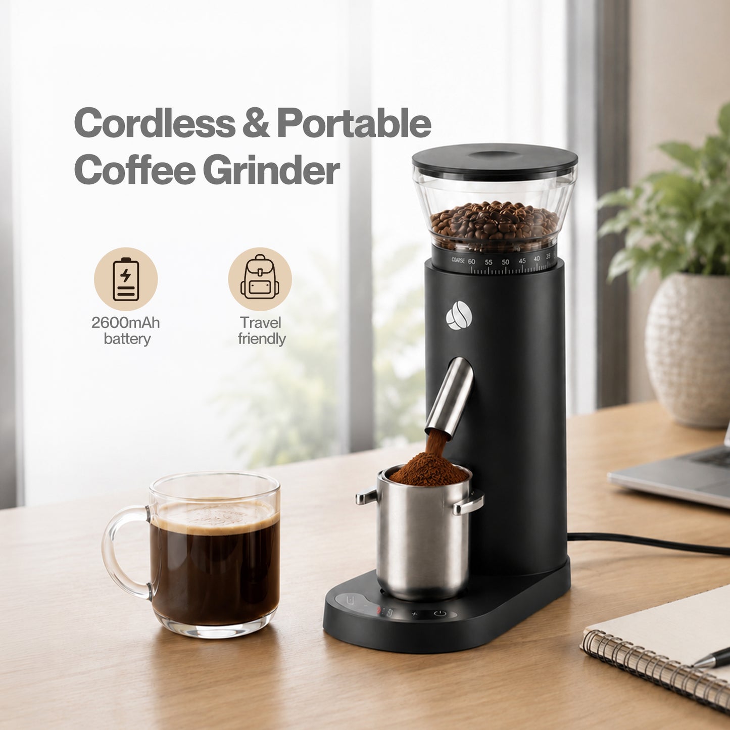 Spector Coffee Grinder 60-Setting Portable USB Rechargeable Burr Grinder Black