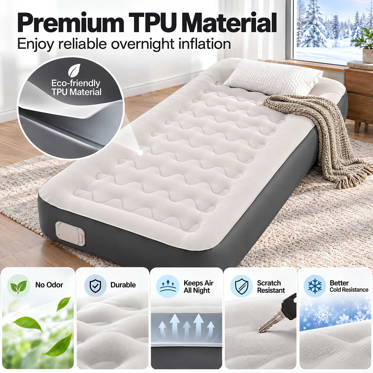 Lavio Inflatable Mattress TPU Airbed Rechargeable Pump Single Camp Bed Grey