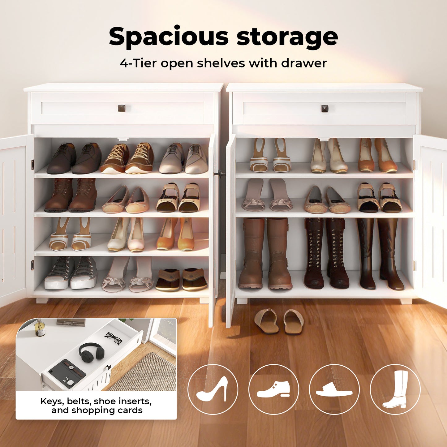 Levede Shoe Cabinet 4-Tier Door Entryway Storage Rack Organizer Cupboard White