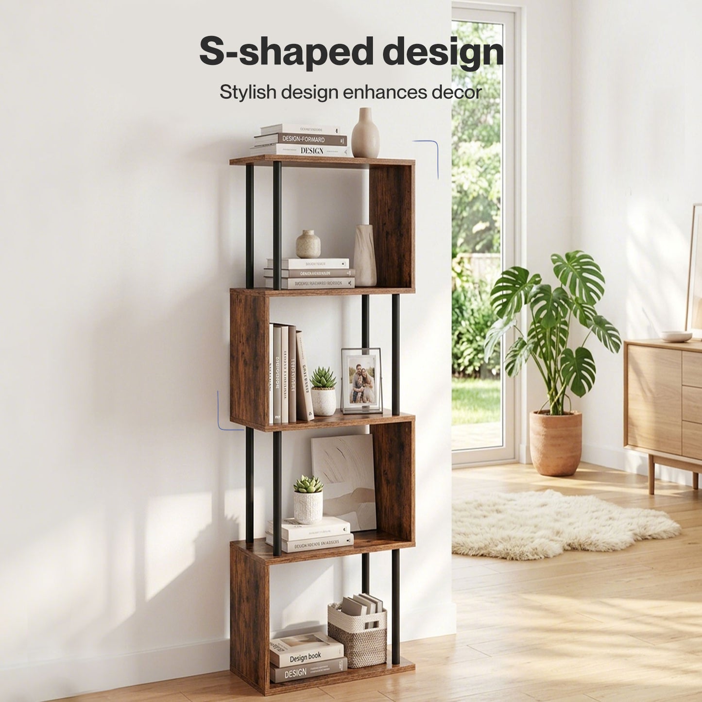 Levede 5-Tier Bookshelf S-Shaped Geometric Tall Bookcase Storage Unit Walnut