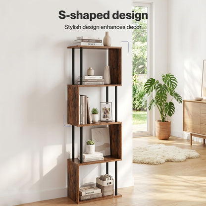 Levede 5-Tier Bookshelf S-Shaped Geometric Tall Bookcase Storage Unit Walnut