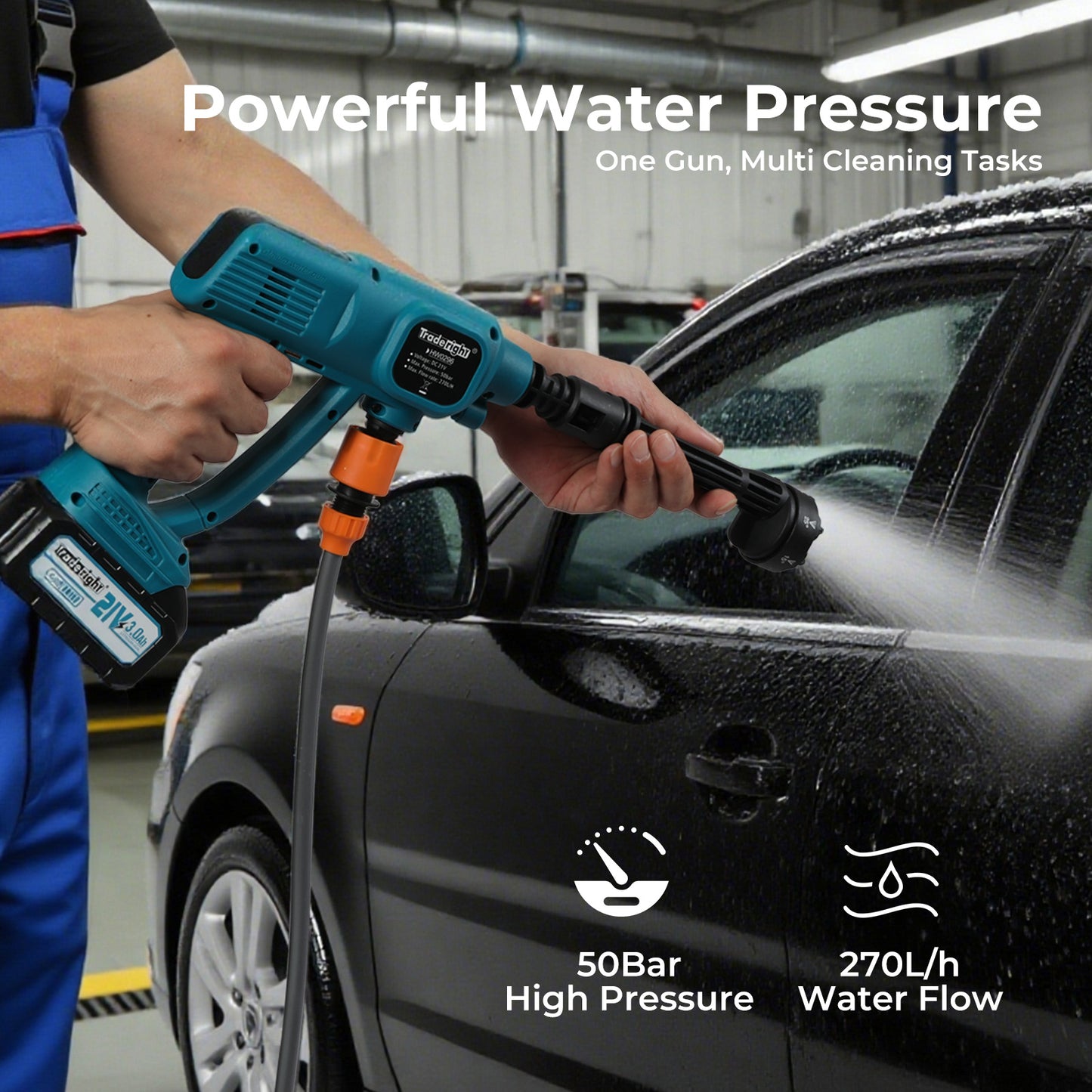 Traderight Cordless Portable Pressure Washer 50Bar 230L/H Spray Gun Car Cleaner