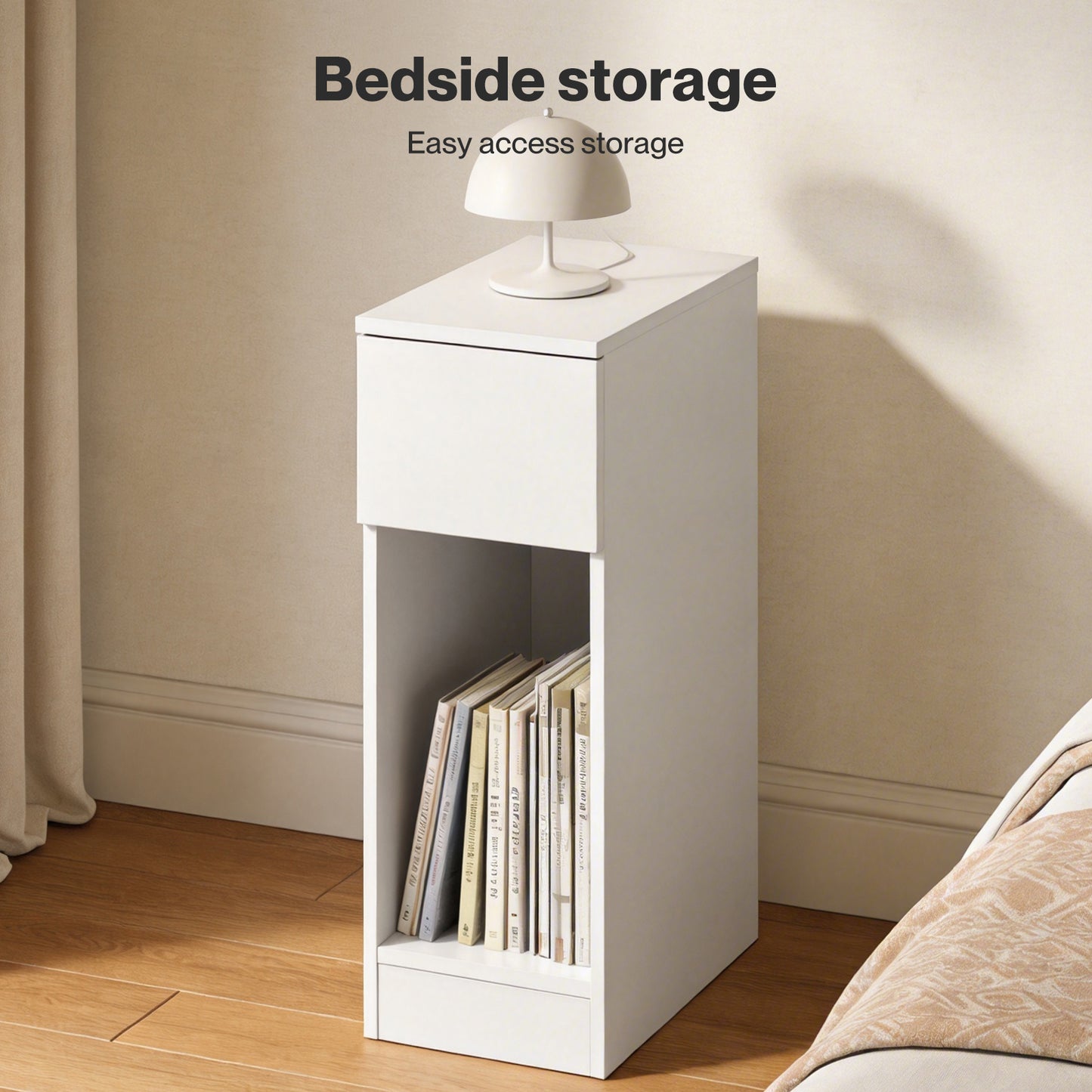 Levede Bedside Table Cabinet  Narrow Slim Side Cabinet White Drawer Open Shelf