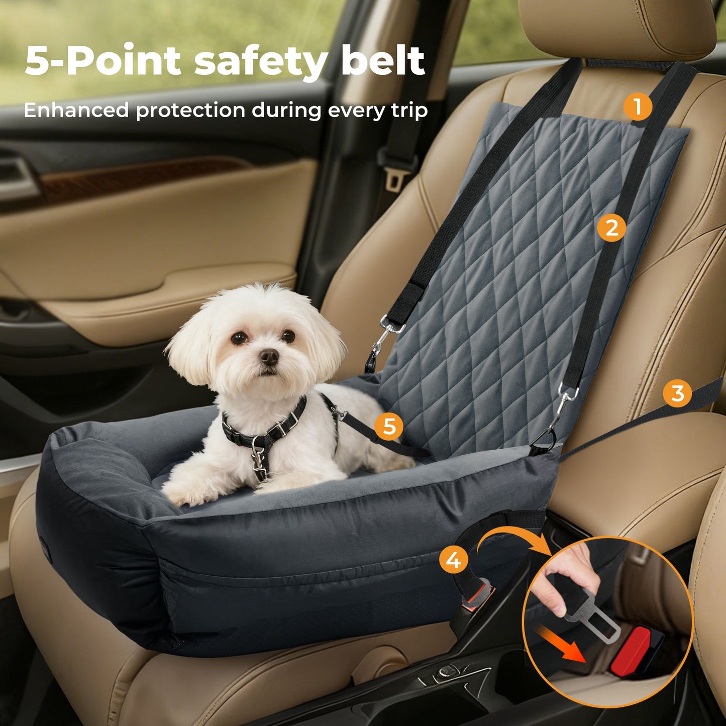 Skylos Dog Booster Car Seat Travel Carrier Plush Bed Basket Portable Pet Grey